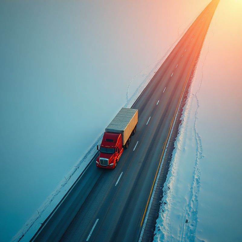 Aerial view of a freight truck on a Canadian highway at golden hour